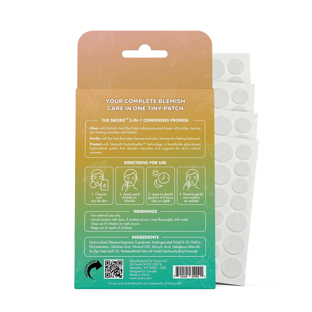 Nicerz® pimple patches - Advanced breathable hydrocolloid with salicylic acid and tea tree oil, they help support clearer-looking skin with comfortable day-and-night wear. Sweat and Waterproof